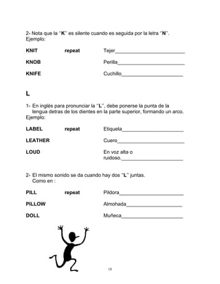 18
2- Nota que la ‘‘K’’ es silente cuando es seguida por la letra ‘’N’’.
Ejemplo:
KNIT repeat Tejer_________________________
KNOB Perilla________________________
KNIFE Cuchillo______________________
L
1- En inglés para pronunciar la ‘’L’’, debe ponerse la punta de la
lengua detras de los dientes en la parte superior, formando un arco.
Ejemplo:
LABEL repeat Etiqueta______________________
LEATHER Cuero________________________
LOUD En voz alta o
ruidoso.______________________
2- El mismo sonido se da cuando hay dos ‘’L’’ juntas.
Como en :
PILL repeat Pildora_______________________
PILLOW Almohada____________________
DOLL Muñeca______________________
 