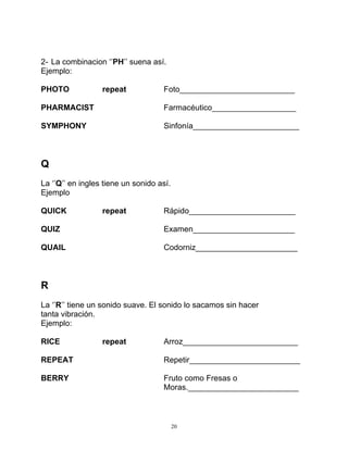 20
2- La combinacion ‘’PH’’ suena así.
Ejemplo:
PHOTO repeat Foto__________________________
PHARMACIST Farmacéutico___________________
SYMPHONY Sinfonía________________________
Q
La ‘’Q’’ en ingles tiene un sonido así.
Ejemplo
QUICK repeat Rápido________________________
QUIZ Examen_______________________
QUAIL Codorniz_______________________
R
La ‘’R’’ tiene un sonido suave. El sonido lo sacamos sin hacer
tanta vibración.
Ejemplo:
RICE repeat Arroz__________________________
REPEAT Repetir_________________________
BERRY Fruto como Fresas o
Moras._________________________
 