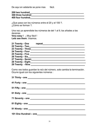 26
De aqui en adelante se pone mas fácil.
200 two hundred___________________________________________
300 three hundred__________________________________________
400 four hundred___________________________________________
¿Que pasa con los números entre el 20 y el 100 ?.
¿Cómo se forman ?.
Una vez ya aprendiste los números de del 1 al 9, los añades a las
decenas.
Very easy ! ¡ Muy fácil !
Lets see them. Veamos.
21 Twenty - One repeat_________________________________
22 Twenty - Two____________________________________________
23 Twenty - Three___________________________________________
24 Twenty - Four ___________________________________________
25 Twenty - Five ____________________________________________
26 Twenty - Six_____________________________________________
27 Twenty - Seven___________________________________________
28 Twenty - Eight____________________________________________
29 Twenty - Nine ___________________________________________
Como ves todos guardan la raíz del número, solo cambia la terminación.
Ocurre igual con los siguientes números :
31 Thirty - one _____________________________________________
41 Forty - one ______________________________________________
51 Fifty - one _______________________________________________
61 Sixty - one ______________________________________________
71 Seventy - one ___________________________________________
81 Eighty - one _____________________________________________
91 Ninety - one _____________________________________________
101 One Hundred – one_______________________________________
 