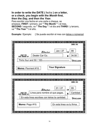 In order to write the DATE ( fecha ) on a letter,
or a check, you begin with the Month first,
then the Day, and then the Year.
Para escribir una fecha en una carta o cheque, se
empieza, FIRST / primero, por '' The Month '' / el mes,
SECOND / segundo, va '' The Day '' / el día and THIRD / y tercero,
va '' The Year '' / el año.
Example / Ejemplo: { Se puede escribir el mes con letras o números}
Your SignatureMemo: Payment #10.
Thirty four and 50 / 100------------------------------------
34.50Dealer Car Co.
99Jan / 27
Cantidad
En esta linea escribes con letras la cantidad.
Linea para nombre al que pagas.
En esta linea va tu firma.Memo: Pago #10.
9901 / 27
36
 