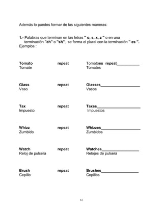 61
Además lo puedes formar de las siguientes maneras:
1.- Palabras que terminan en las letras '' o, s, x, z '' o en una
terminación ''ch'' o ''sh'', se forma el plural con la terminación '' es ''.
Ejemplos :
Tomato repeat Tomatoes repeat___________
Tomate Tomates
Glass repeat Glasses___________________
Vaso Vasos
Tax repeat Taxes_____________________
Impuesto Impuestos
Whizz repeat Whizzes___________________
Zumbido Zumbidos
Watch repeat Watches__________________
Reloj de pulsera Relojes de pulsera
Brush repeat Brushes__________________
Cepillo Cepillos
 
