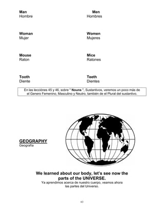 63
Man Men
Hombre Hombres
Woman Women
Mujer Mujeres
Mouse Mice
Raton Ratones
Tooth Teeth
Diente Dientes
En las lecciónes 45 y 46, sobre " Nouns ", Sustantivos, veremos un poco más de
el Genero Femenino, Masculino y Neutro, también de el Plural del sustantivo.
GEOGRAPHY
Geografía
We learned about our body, let’s see now the
parts of the UNIVERSE.
Ya aprendimos acerca de nuestro cuerpo, veamos ahora
las partes del Universo.
 