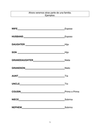 71
Ahora veremos otras parte de una familia.
Ejemplos:
WIFE Esposa
HUSBAND Esposo
DAUGHTER Hija
SON Hijo
GRANDDAUGHTER Nieta
GRANDSON Nieto
AUNT Tía
UNCLE Tío
COUSIN Primo o Prima
NIECE Sobrina
NEPHEW Sobrino
 
