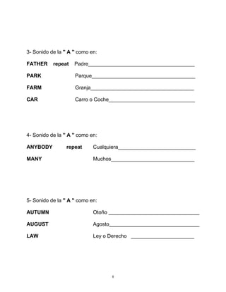 8
3- Sonido de la '' A '' como en:
FATHER repeat Padre_____________________________________
PARK Parque____________________________________
FARM Granja____________________________________
CAR Carro o Coche______________________________
4- Sonido de la '' A '' como en:
ANYBODY repeat Cualquiera___________________________
MANY Muchos_____________________________
5- Sonido de la '' A '' como en:
AUTUMN Otoño
AUGUST Agosto
LAW Ley o Derecho ______________________
 