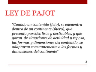 LEY DE PAJOT
“Cuando un contenido (feto), se encuentra
dentro de un continente (útero), que
presenta paredes lisas y desli...