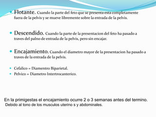  Flotante. Cuando la parte del feto que se presenta esta completamente
fuera de la pelvis y se mueve libremente sobre la entrada de la pelvis.
 Descendido. Cuando la parte de la presentacion del feto ha pasado a
traves del palno de entrada de la pelvis, pero sin encajar.
 Encajamiento. Cuando el diametro mayor de la presentacion ha pasado a
traves de la entrada de la pelvis.
 Cefalico = Diamentro Biparietal.
 Pelvico = Diametro Intertrocanterico.
En la primigestas el encajamiento ocurre 2 o 3 semanas antes del termino.
Debido al tono de los musculos uterino s y abdominales.
 