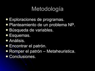 Metodología Exploraciones de programas. Planteamiento de un problema NP. Búsqueda de variables. Esquemas. Análisis.  Encontrar el patrón.  Romper el patrón – Metaheuristica. Conclusiones. 