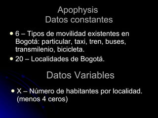 Apophysis  Datos constantes 6 – Tipos de movilidad existentes en Bogotá: particular, taxi, tren, buses, transmilenio, bicicleta. 20 – Localidades de Bogotá. Datos Variables X – Número de habitantes por localidad. (menos 4 ceros) 