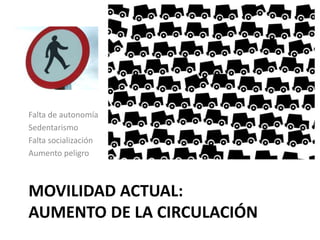 Falta de autonomía 
Sedentarismo 
Falta socialización 
Aumento peligro 
MOVILIDAD ACTUAL: 
AUMENTO DE LA CIRCULACIÓN 
 