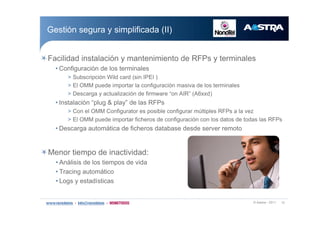 w ß¿-¬®¿ ó îðïï ïî
Ù»-¬·-² -»¹«®¿ § -·³°´·º·½¿¼¿ ø××÷
Ú¿½·´·¼¿¼ ·²-¬¿´¿½·-² § ³¿²¬»²·³·»²¬± ¼» ÎÚÐ- § ¬»®³·²¿´»-
‹ Ý±²º·¹«®¿½·-² ¼» ´±- ¬»®³·²¿´»-
â Í«¾-½®·°½·-² É·´¼ ½¿®¼ ø-·² ×ÐÛ× ÷
â Û´ ÑÓÓ °«»¼» ·³°±®¬¿® ´¿ ½±²º·¹«®¿½·-² ³¿-·ª¿ ¼» ´±- ¬»®³·²¿´»-
â Ü»-½¿®¹¿ § ¿½¬«¿´·¦¿½·-² ¼» º·®³©¿®» •±² ß×ÎŒ øßê¨¨¼÷
‹ ×²-¬¿´¿½·-² •°´«¹ ú °´¿§Œ ¼» ´¿- ÎÚÐ-
â Ý±² »´ ÑÓÓ Ý±²º·¹«®¿¬±® »- °±-·¾´» ½±²º·¹«®¿® ³&´¬·°´»- ÎÚÐ- ¿ ´¿ ª»¦
â Û´ ÑÓÓ °«»¼» ·³°±®¬¿® º·½¸»®±- ¼» ½±²º·¹«®¿½·-² ½±² ´±- ¼¿¬±- ¼» ¬±¼¿- ´¿- ÎÚÐ-
‹ Ü»-½¿®¹¿ ¿«¬±³?¬·½¿ ¼» º·½¸»®±- ¼¿¬¿¾¿-» ¼»-¼» -»®ª»® ®»³±¬±
Ó»²±® ¬·»³°± ¼» ·²¿½¬·ª·¼¿¼æ
‹ ß²?´·-·- ¼» ´±- ¬·»³°±- ¼» ª·¼¿
‹ Ì®¿½·²¹ ¿«¬±³?¬·½±
‹ Ô±¹- § »-¬¿¼3-¬·½¿-
 