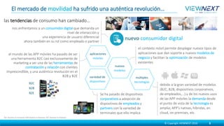 El mercado de movilidad ha sufrido una auténtica revolución…
el mundo de las APP móviles ha pasado de ser
una herramienta B2C casi exclusivamente de
marketing a ser una de las herramientas de
contratación y relación con clientes
imprescindible, y una auténtica revolución en el
B2B y B2E
B2C
B2B
B2E
el contexto móvil permite desplegar nuevos tipos de
aplicaciones que dan soporte a nuevos modelos de
negocio y facilitan la optimización de modelos
existentes
B2C: Business to Consumer; B2B: Business to Business; B2E: Business to Employee
aplicaciones
móviles
nuevos
modelos
múltiples
tecnologías
nos enfrentamos a un consumidor digital que demanda un
nivel de interacción y
una experiencia de usuario diferencial
ahora también en su rol como empleado o partner
Se ha pasado de dispositivos
corporativos a adopción de
dispositivos de empleados y
partners con la variedad de
terminales que ello implica
variedad de
dispositivos
debido a la gran variedad de modelos
(B2C, B2B, dispositivos corporativos,
de empleados,…) y de los nuevos usos
de las APP móviles la demanda desde
el punto de vista de la tecnología es
amplia; APP’s nativas, híbridas, en
cloud, on premises, etc.
las tendencias de consumo han cambiado…
3© Copyright VIEWNEXT 2016
nuevo consumidor digital
 