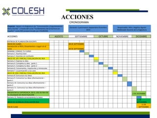ACCIONES 
CRONOGRAMA 
Proyecto: Apoyo a la Asignatura de "Comunicación y Argumentación 
Oral y Escrita” a través del curso “Fundamentos de la Escritura en 
Español ” como REA proporcionado por COURSERA 
Duración: Cuatrimestre Septiembre-Diciembre 
2014 
Responsable: Mtra. Angelica Aguilar 
Maldonado Docente de la Asignatura 
ACCIONES AGOSTO SEPTIEMBRE OCTUBRE NOVIEMBRE DICIEMBRE 
ENTREGA DE PLANEACIÓN DOCENTE 
INICIO DE CLASES 08 DE SEPTIEMBRE 
Introducción al REA y lineamientos a seguir en el 
curso 09 DE SEPTIEMBRE 
SEMANA: CONOCE TU CURSO 
Semana 1: Acentúa bien 
Semana 2: Acentúa sin confusión 
INICIO DE 1ER. PARCIAL/ EVALUACION DEL REA 
Semana 3: Expresa tu idea 
Semana 4: Completa tu idea - parte 1 
Semana 5: Completa tu idea - parte 2 
Semana 6: Consonantes, mayúsculas y minúsculas 
Semana 7: La puntuación y sus usos 
INCIO DE 2DO. PARCIAL/ EVALUACIÓN DEL REA 
Semana 8: Estructura tus ideas 
Semana 9: Comunica tus ideas efectivamente – 
parte 1 
Semana 10: Comunica tus ideas efectivamente – 
parte 2 
Semana 11: Comunica tus ideas efectivamente – 
parte 3 
PRESENTAR SU EXPERIENCIA EN EL USO DE REA EN 
EL COLOQUIO DE INVESTIGACIÓN 
2 DE DICIEMBRE 
Semana 12: Redacta correctamente tu texto 
INICIO DE GLOBALES /EVALUACIÓN REA 
11 DE 
SEPTIEMBRE 
FIN DE CLASE 
11 DE 
SEPTIEMBRE 
 