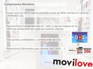Compromiso Movilove
Desde Junio de 2013, hemos atendido a mas de 5000 clientes en movilove
CAPRABO L’illa
Hemos tenido 0 reclamaciones en 1 año, lo que se traduce en el
100% de satisfacción por parte de nuestros clientes.
Descuentos a empleados y comerciantes de L’illa.
Promociones Semanales para clientes (3x2, 2x20, …)
 