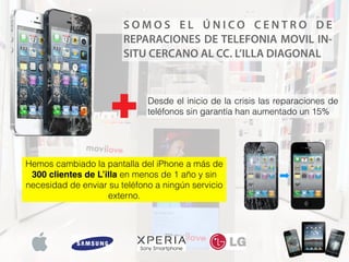 Desde el inicio de la crisis las reparaciones de
teléfonos sin garantía han aumentado un 15%
Hemos cambiado la pantalla del iPhone a más de
300 clientes de L’illa en menos de 1 año y sin
necesidad de enviar su teléfono a ningún servicio
externo.
S O M O S E L Ú N I C O C E N T R O D E
REPARACIONES DE TELEFONIA MOVIL IN-
SITU CERCANO AL CC. L’ILLA DIAGONAL
 