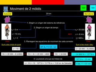 Sabadell Barcelona 20 km v  = 10 m/s  v  = -8 m/s  1. Elegim un origen del sistema de referència. x 0  = 0 m x 0   = 20 000 m 2. Elegim un origen de temps t o  =  0 t o = 600 s 3. Plantegem les equacions de moviment de cada corredor x  = 10  t x = 20 000 – 8 ( t -600) 10  t  = 20 000 – 8 ( t -600) 10  t  + 8  t  = 20 000 + 4800 18  t  = 24 800  t  = 24 800/18 = 1377,8 s  1377,8 s = 23 min  4. La posició a la que es troben és x  = 10  t  = 10 · 1377,8 = 13 778 m = 13,8 km de Sabadell A les 11 h 23 min Moviment de 2 mòbils x= x 0  + v (t - t 0 ) Joan Pere Surt a les onze en punt Surt a les onze i deu 