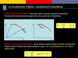 Vector acceleració mitjana:  quocient entre el vector velocitat instantània i l’interval de temps transcorregut entre dos punts de la trajectòria. Vector acceleració instantània:   és el vector al qual tendeix el vector acceleració mitjana quan l’interval de temps tendeix a zero.  ∆t  0  (acceleració en un instant determinat) e) Acceleració mitjana i acceleració instantània = =   t - t 2  - t 1 =   t quan    t    0 A A X Y X Y    B 