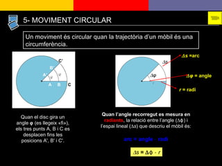 Un moviment és circular quan la trajectòria d’un mòbil és una circumferència. Quan el disc gira un angle     (es llegeix «fi»), els tres punts A, B i C es desplacen fins les posicions A', B' i C'. r  = radi  φ  = angle  s  =arc Quan l’angle recorregut es mesura en  radiants , la relació entre l’angle (  ϕ ) i l’espai lineal (  s ) que descriu el mòbil és: arc = angle ⋅ radi 5- MOVIMENT CIRCULAR  s  =   ϕ ⋅  r    φ  s A B C A’ B’ C’ 