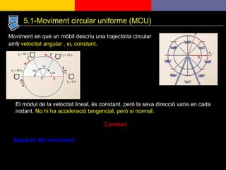 Moviment en què un mòbil descriu una trajectòria circular amb  velocitat angular ,   , constant. El mòdul de la velocitat lineal, és constant, però la seva direcció varia en cada instant.  No hi ha acceleració tangencial, però si normal. Equació del moviment: Constant 5.1-Moviment circular uniforme (MCU) 