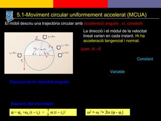 El mòbil descriu una trajectòria circular amb  acceleració angular ,   , constant. La direcció i el mòdul de la velocitat lineal varien en cada instant.  Hi ha acceleració tangencial i normal. quan  ∆t  0 Variable Constant Equació de la velocitat angular Equació del moviment  2  =   0   2 + 2   (   -   0 ) 5.1-Moviment circular uniformement accelerat (MCUA)    =   0  +  0  (t    t 0 )  +    (t    t 0 ) 2   