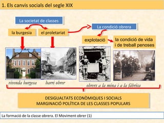 1. Els canvis socials del segle XIX
La societat de classes
La societat de classes
la burgesia
la burgesia

La condició obrera
La condició obrera

el proletariat
el proletariat

explotació

vivenda burgesa

barri obrer

la condició de vida
i de treball penoses

obrers a la mina i a la fàbrica

DESIGUALTATS ECONÒMIQUES IISOCIALS
DESIGUALTATS ECONÒMIQUES SOCIALS
MARGINACIÓ POLÍTICA DE LES CLASSES POPULARS
MARGINACIÓ POLÍTICA DE LES CLASSES POPULARS
La formació de la classe obrera. El Moviment obrer (1)

 