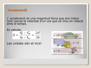 Acceleració L' acceleració és una magnitud física que ens indica com canvia la velocitat d'un cos que es mou en relació amb el temps. Es calcula: Les unitats són el m/s 2 