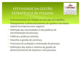 EFETIVIDADE DA GESTÃO ESTRATÉGICA DE PESSOAS Posicionamento em relação ao mercado de trabalho; Planejamento e dimensionamento do quadro e da massa salarial da empresa e/ou negócio; Definição das necessidades e das políticas de movimentação de pessoas; Políticas e práticas salariais; Desenho e gestão de carreiras; Processos de avaliação e orientação de pessoas; Definições das ações e sistema de gestão do desenvolvimento da empresa e das pessoas; 