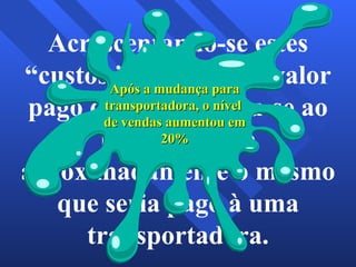Acrescentando-se estes “custos invisíveis” ao valor pago de frete chegou-se ao percentual de aproximadamente o mesmo que seria pago à uma transportadora. Após a mudança para transportadora, o nível  de vendas aumentou em 20% 