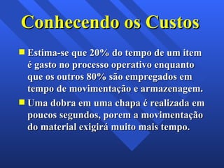 Conhecendo os Custos Estima-se que 20% do tempo de um item é gasto no processo operativo enquanto que os outros 80% são empregados em tempo de movimentação e armazenagem. Uma dobra em uma chapa é realizada em poucos segundos, porem a movimentação do material exigirá muito mais tempo. 