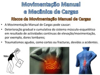 • A Movimentação Manual de Cargas pode causar:
• Deterioração gradual e cumulativa do sistema músculo-esquelético
em resultado de actividades contínuas de elevação/movimentação,
por exemplo, dores lombares;
• Traumatismos agudos, como cortes ou fracturas, devidos a acidentes.