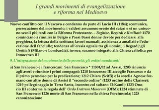 I grandi movimenti di evangelizzazione e riforma nel Medioevo Nuovo conflitto con il Vescovo e condanna da parte di Lucio III (1184); scomunica, persecuzione del movimento; i valdesi assumono eresie dei catari e si un unisco-no secoli più tardi con la Riforma Protestante. –  Beghine, Begardi e Umiliati:  1170 cominciano a riunirsi in Belgio e Paesi Bassi donne devote per dedicarsi alla preghiera, la lettura della scrittura; lavori manuali, assistenza a amallati e l’edu-cazione dell fanciulle; tendenza all’eresia uguale tra gli uomini, i Begardi; gli  Umiliati  (Milano e Lombardia), invece, saranno integrato alla Chiesa cattolica per Innocenzo III 9. L’integrazione del movimento della povertà: gli ordini mendicanti a) San Francesco e i francescani: San Francesco * 11881/82 ad Assisi; 1208 rinuncia agli averi e riunisce i primi compagni; 1210 Innocenzo III accoglie Francesco e da il primo permesso per la predicazione; 1212 Chiara (Sciffi) e la sorella Agnese for-mano con altre donne di Assisi il “secondo ordine” (1253 ordine delle Clarisse); 1219 pellegrinaggio in Terra Santa, incontro col sultano El-Kamil; 1223 Ono-rio III conferma la regola dell’  Ordo Fratrum Minorum  (OFM); 1224 stimmate di San Francesco; 1226 morte di San Francesco nella chiesa Porziuncola; 1228 canonizzazione 