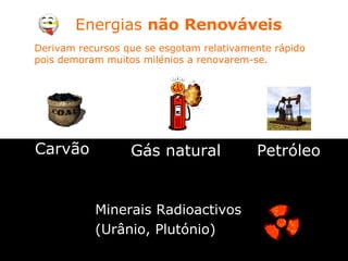 Energias  não   Renováveis Derivam recursos que se esgotam relativamente rápido  pois demoram muitos milénios a renovarem-se. Carvão Carvão Gás natural Petróleo Minerais Radioactivos  (Urânio, Plutónio) 