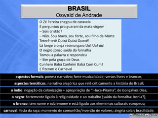 BRASIL
                                Oswald de Andrade
                      O Zé Pereira chegou de caravela
                      E perguntou pro guarani da mata virgem
                      – Sois cristão?
                      – Não. Sou bravo, sou forte, sou filho da Morte
                      Teterê tetê Quizá Quizá Quecê!
                      Lá longe a onça resmungava Uu! Ua! uu!
                      O negro zonzo saído da fornalha
                      Tomou a palavra e respondeu
                      – Sim pela graça de Deus
                      Cunhem Babá Canhém Babá Cum Cum!
                      E fizeram o Carnaval
       aspectos formais: poema narrativo; forte musicalidade; versos livres e brancos;
      aspectos temáticos: narrativa alegórica que relê criticamente a história do Brasil;
    o índio: negação da colonização + apropriação de “I-Juca-Pirama”, de Gonçalves Dias;
    o negro: fortemente ligado à religiosidade e ao trabalho [saído da fornalha: ironia?];
     o branco: tem nome e sobrenome e está ligado aos elementos culturais europeus;
carnaval: festa da raça; momento de comunhão/inversão de valores; alegria solar; brasilidade.
 