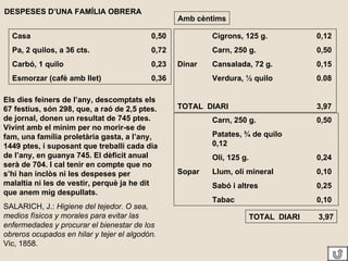 Cigrons, 125 g. 0,12 Carn, 250 g. 0,50 Dinar Cansalada, 72 g. 0,15 Verdura, ½ quilo 0.08 TOTAL  DIARI 3,97 Els dies feiners de l’any, descomptats els 67 festius, són 298, que, a raó de 2,5 ptes. de jornal, donen un resultat de 745 ptes. Vivint amb el mínim per no morir-se de fam, una família proletària gasta, a l’any, 1449 ptes, i suposant que treballi cada dia de l’any, en guanya 745. El dèficit anual serà de 704. I cal tenir en compte que no s’hi han inclòs ni les despeses per malaltia ni les de vestir, perquè ja he dit que anem mig despullats. SALARICH, J.:  Higiene del tejedor. O sea, medios físicos y morales para evitar las enfermedades y procurar el bienestar de los obreros ocupados en hilar y tejer el algodón.  Vic, 1858. DESPESES D’UNA FAMÍLIA OBRERA Amb cèntims Casa 0,50 Pa, 2 quilos, a 36 cts. 0,72 Carbó, 1 quilo 0,23 Esmorzar (cafè amb llet) 0,36 Carn, 250 g. 0,50 Patates, ¾ de quilo 0,12 Oli, 125 g. 0,24 Sopar Llum, oli mineral 0,10 Sabó i altres 0,25 Tabac 0,10 TOTAL  DIARI 3,97 