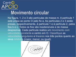 Movimento circular
Na figura, 1, 2 e 3 são partículas de massa m. A partícula 1
está presa ao ponto O pelo fio a. As partículas 2 e 3 estão
presas, respectivamente, à partícula 1 e à partícula 2, pelos
fios b e c. Todos os fios são inextensíveis e de massa
desprezível. Cada partícula realiza um movimento com
velocidade constante e centro em O. Classifique as
velocidades angulares e lineares nos três pontos quanto ao
seus módulos (maior, menor, ou igual).
 