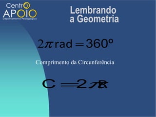 Lembrando
            a Geometria

2π rad = 360º
Comprimento da Circunferência


  C= π
    2 R
 