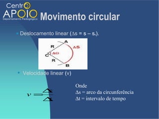 Movimento circular
   Deslocamento linear (∆s = s – sº).




 Velocidade linear (v)

                           Onde
         ∆s                ∆s = arco da circunferência
      v =
         ∆t                ∆t = intervalo de tempo
 
