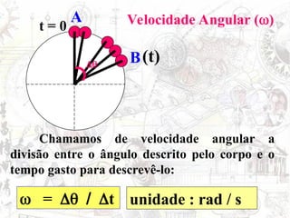 Chamamos de velocidade angular a
divisão entre o ângulo descrito pelo corpo e o
tempo gasto para descrevê-lo:
 = t unidade : rad / s
A
t = 0
B(t)

Velocidade Angular ()

 