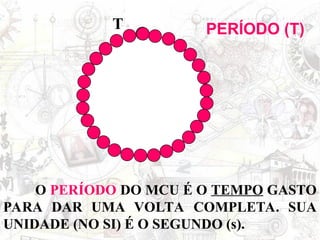 t = 0
T
O PERÍODO DO MCU É O TEMPO GASTO
PARA DAR UMA VOLTA COMPLETA. SUA
UNIDADE (NO SI) É O SEGUNDO (s).
PERÍODO (T)
 