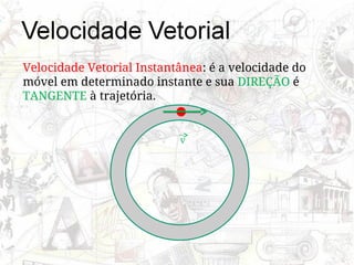 Velocidade Vetorial Instantânea: é a velocidade do
móvel em determinado instante e sua DIREÇÃO é
TANGENTE à trajetória.
v
 