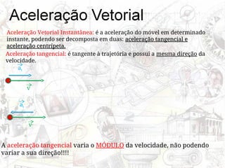 Aceleração Vetorial Instantânea: é a aceleração do móvel em determinado
instante, podendo ser decomposta em duas: aceleração tangencial e
aceleração tangencial e
aceleração centrípeta.
aceleração centrípeta.
Aceleração tangencial: é tangente à trajetória e possui a mesma direção da
velocidade.
v
at
v
at
A aceleração tangencial varia o MÓDULO da velocidade, não podendo
variar a sua direção!!!!
 