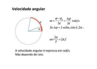 Velocidade	angular	
		
ω =
ϕ −ϕ0
Δt
=
Δϕ
Δt
	rad/s
Se Δϕ =1volta,istoé,2π :
ω=
2π
T
= 2π f
A	velocidade	angular	é	expressa	em	rad/s.	
Não	depende	do	raio.	
 
