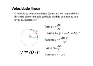 Velocidade	linear	
•  O	módulo	da	velocidade	linear	(ou	escalar	ou	tangencial)	é	a	
distância	percorrida	pela	parcula	dividida	pelo	tempo	que	
levou	para	percorrer.		
		
Como	v =
Δs
Δt
E	como	s =ϕ ⋅r ⇒ Δs = Δϕ ⋅r
Fazemos	v =
Δϕ ⋅r
Δt
Como	ω=
Δϕ
Δt
Fazemos	v =ω ⋅r	v =ω ⋅r
 