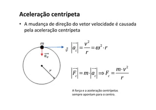 Aceleração centrípeta
• A mudança de direção do vetor velocidade é causada
pela aceleração centrípeta
ac
!"
!
=
v2
r
=ω2
⋅r
Fc
!"
!
= m⋅ ac
!"
!
⇒ Fc
=
m⋅v2
r
A força e a aceleração centrípetas
sempre apontam para o centro.
 