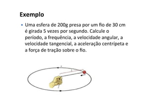Exemplo
— Uma esfera de 200g presa por um ﬁo de 30 cm
é girada 5 vezes por segundo. Calcule o
período, a frequência, a velocidade angular, a
velocidade tangencial, a aceleração centrípeta e
a força de tração sobre o ﬁo.
 