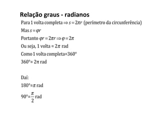 Relação graus - radianos
Para1voltacompleta⇒ s =2πr (perímetro da circunferência)
Mas s =ϕr
Portanto ϕr =2πr ⇒ϕ =2π
Ou seja, 1 volta = 2π rad
Como1voltacompleta=360°
360°= 2π rad
Daí:
180°=π rad
90°=
π
2
rad
 