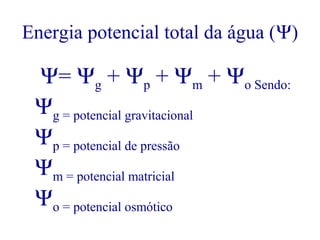 Energia potencial total da água (Ψ)

Ψ= Ψg + Ψp + Ψm + Ψo Sendo:
Ψg = potencial gravitacional
Ψp = potencial de pressão
Ψm = potencial matricial
Ψo = potencial osmótico

 