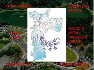 CLIMA URBANO DESMATAMENTO ALAGAMENTOS COBERTURA VEGETAL FAUNA FLORA MACRO E MICRO DRENAGEM URBANA 
