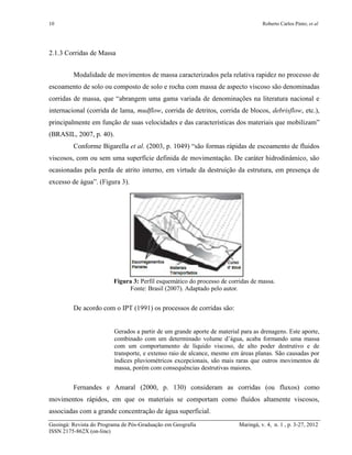 10 Roberto Carlos Pinto; et al
Geoingá: Revista do Programa de Pós-Graduação em Geografia Maringá, v. 4, n. 1 , p. 3-27, 2012
ISSN 2175-862X (on-line)
2.1.3 Corridas de Massa
Modalidade de movimentos de massa caracterizados pela relativa rapidez no processo de
escoamento de solo ou composto de solo e rocha com massa de aspecto viscoso são denominadas
corridas de massa, que “abrangem uma gama variada de denominações na literatura nacional e
internacional (corrida de lama, mudflow, corrida de detritos, corrida de blocos, debrisflow, etc.),
principalmente em função de suas velocidades e das características dos materiais que mobilizam”
(BRASIL, 2007, p. 40).
Conforme Bigarella et al. (2003, p. 1049) “são formas rápidas de escoamento de fluidos
viscosos, com ou sem uma superfície definida de movimentação. De caráter hidrodinâmico, são
ocasionadas pela perda de atrito interno, em virtude da destruição da estrutura, em presença de
excesso de água”. (Figura 3).
Figura 3: Perfil esquemático do processo de corridas de massa.
Fonte: Brasil (2007). Adaptado pelo autor.
De acordo com o IPT (1991) os processos de corridas são:
Gerados a partir de um grande aporte de material para as drenagens. Este aporte,
combinado com um determinado volume d’água, acaba formando uma massa
com um comportamento de líquido viscoso, de alto poder destrutivo e de
transporte, e extenso raio de alcance, mesmo em áreas planas. São causadas por
índices pluviométricos excepcionais, são mais raras que outros movimentos de
massa, porém com consequências destrutivas maiores.
Fernandes e Amaral (2000, p. 130) consideram as corridas (ou fluxos) como
movimentos rápidos, em que os materiais se comportam como fluídos altamente viscosos,
associadas com a grande concentração de água superficial.
 