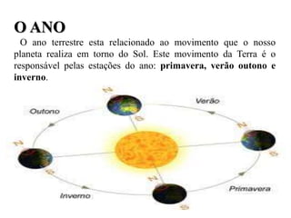 O ANO
O ano terrestre esta relacionado ao movimento que o nosso
planeta realiza em torno do Sol. Este movimento da Terra é o
responsável pelas estações do ano: primavera, verão outono e
inverno.
 