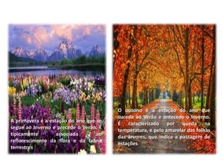 O outono é a estação do ano que
sucede ao Verão e antecede o Inverno.
É caracterizado por queda na
temperatura, e pelo amarelar das folhas
das árvores, que indica a passagem de
estações
A primavera é a estação do ano que se
segue ao Inverno e precede o Verão. É
tipicamente associada ao
reflorescimento da flora e da fauna
terrestres
 